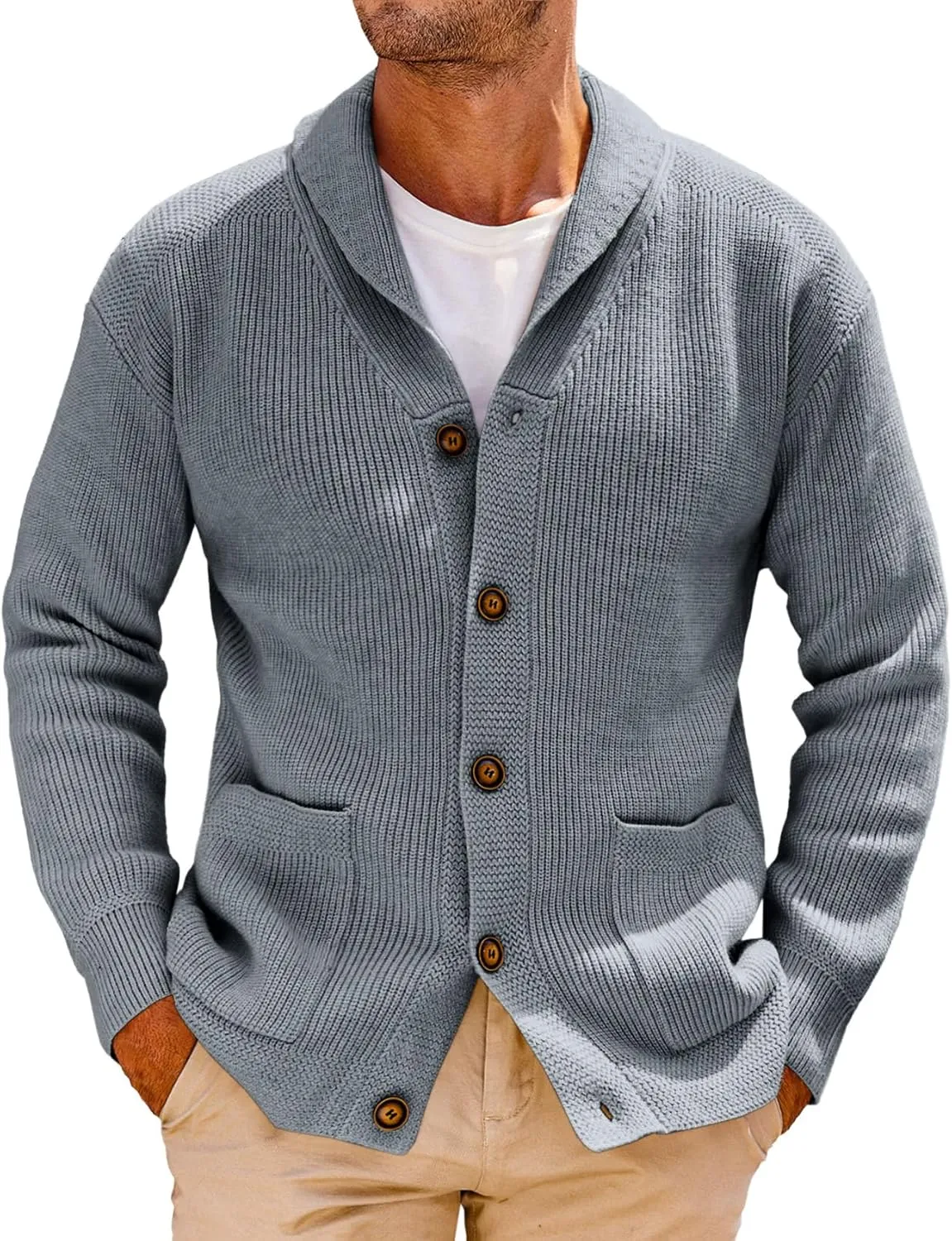Runcati Mens Shawl Collar Cardigan Sweater Cable Knit Button Down Winter Chunky Sweaters with Pockets