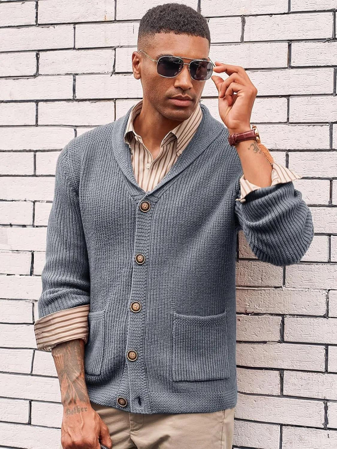 Runcati Mens Shawl Collar Cardigan Sweater Cable Knit Button Down Winter Chunky Sweaters with Pockets