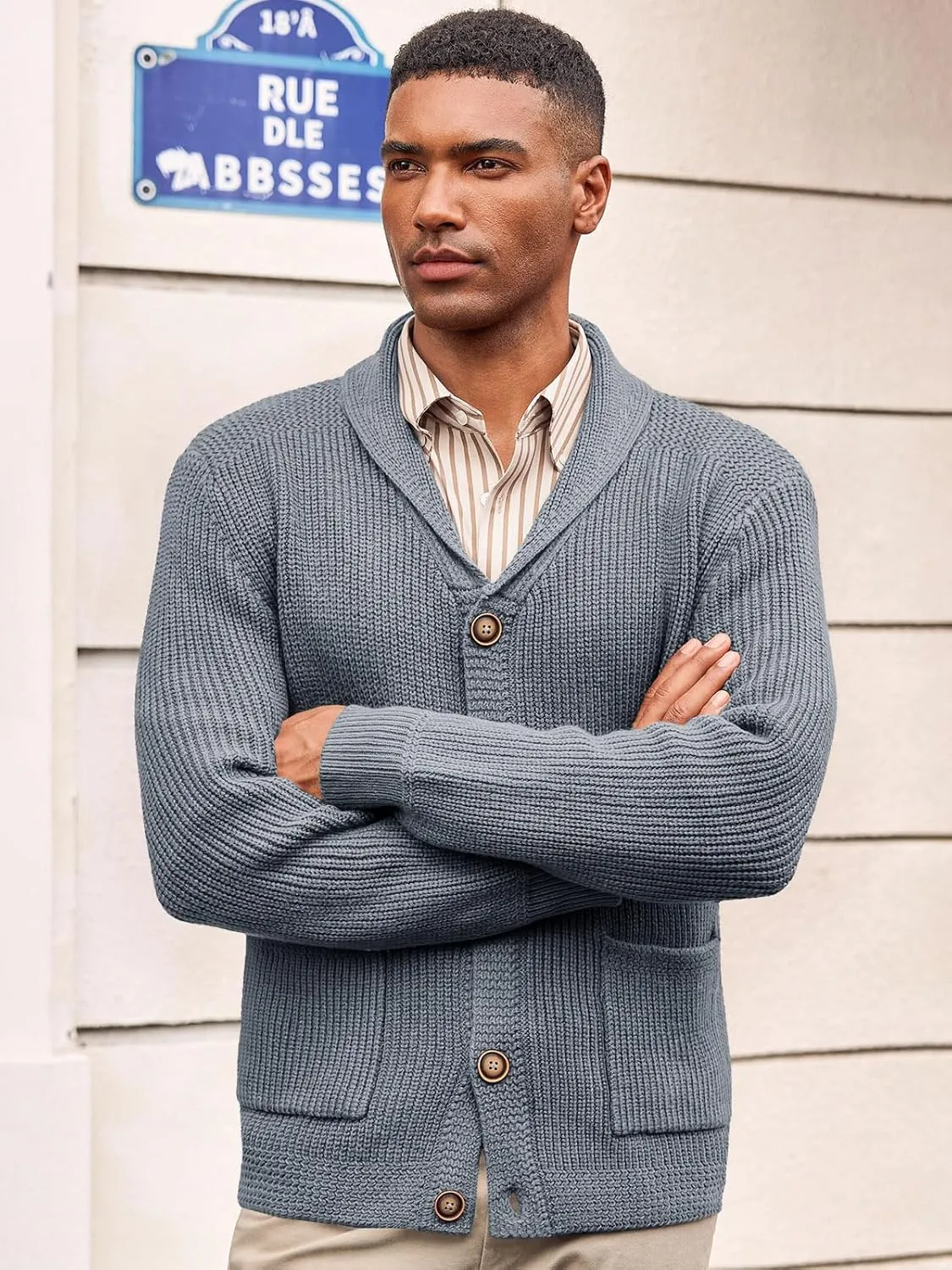 Runcati Mens Shawl Collar Cardigan Sweater Cable Knit Button Down Winter Chunky Sweaters with Pockets