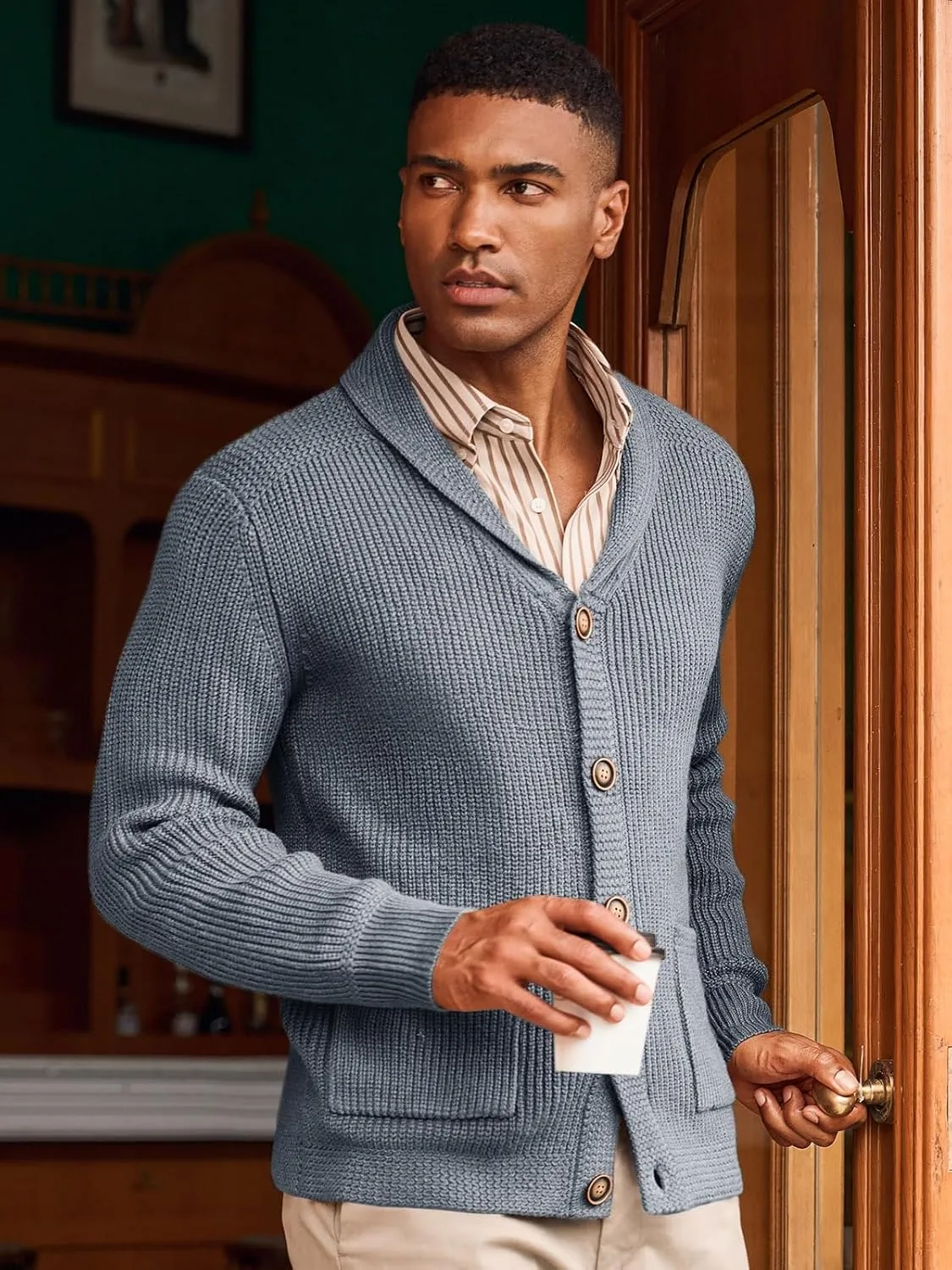 Runcati Mens Shawl Collar Cardigan Sweater Cable Knit Button Down Winter Chunky Sweaters with Pockets