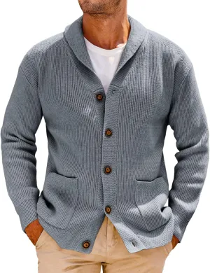 Runcati Mens Shawl Collar Cardigan Sweater Cable Knit Button Down Winter Chunky Sweaters with Pockets