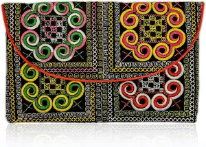 Sabai Jai Embroidered Magnet Snap Clutch Envelope Wallet for Women - Cute Colorful Ethnic Boho Accessory Organizer Money Holder Bag (Bold Spirals)