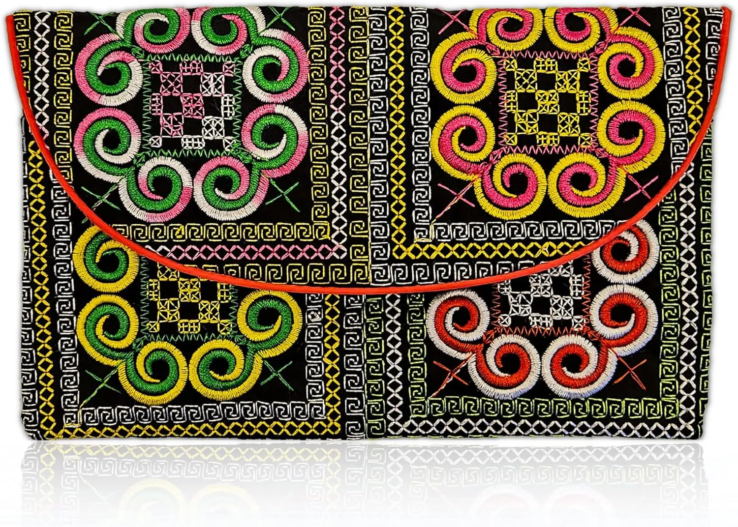 Sabai Jai Embroidered Magnet Snap Clutch Envelope Wallet for Women - Cute Colorful Ethnic Boho Accessory Organizer Money Holder Bag (Bold Spirals)
