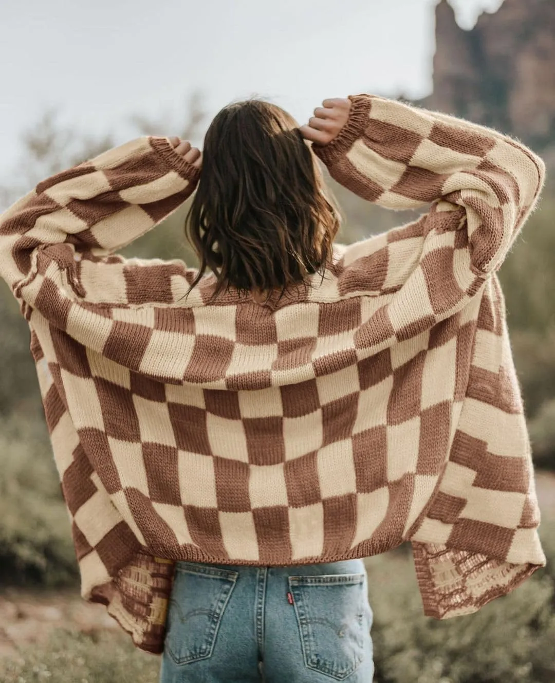 Saodimallsu Womens Checkered Oversized Cardigan Sweaters Color Block Chunky Open Front Lantern Sleeve Plaid Knit Coats