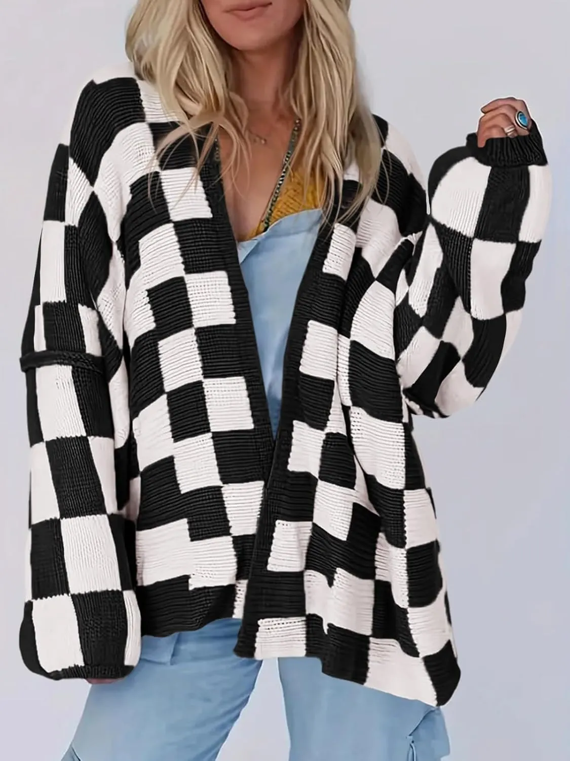 Saodimallsu Womens Checkered Oversized Cardigan Sweaters Color Block Chunky Open Front Lantern Sleeve Plaid Knit Coats
