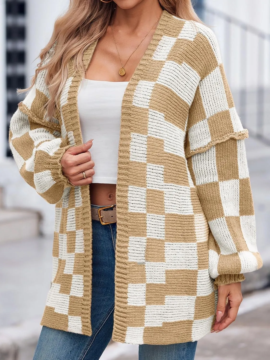 Saodimallsu Womens Checkered Oversized Cardigan Sweaters Color Block Chunky Open Front Lantern Sleeve Plaid Knit Coats