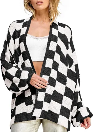 Saodimallsu Womens Checkered Oversized Cardigan Sweaters Color Block Chunky Open Front Lantern Sleeve Plaid Knit Coats