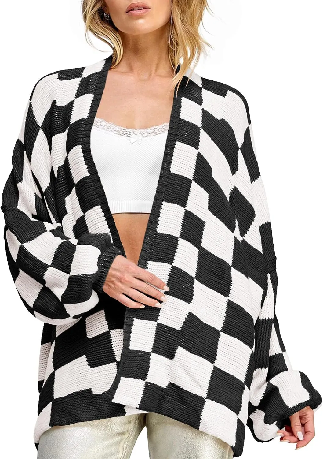 Saodimallsu Womens Checkered Oversized Cardigan Sweaters Color Block Chunky Open Front Lantern Sleeve Plaid Knit Coats