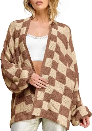 Saodimallsu Womens Checkered Oversized Cardigan Sweaters Color Block Chunky Open Front Lantern Sleeve Plaid Knit Coats
