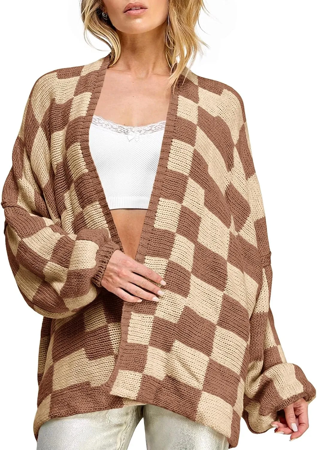 Saodimallsu Womens Checkered Oversized Cardigan Sweaters Color Block Chunky Open Front Lantern Sleeve Plaid Knit Coats