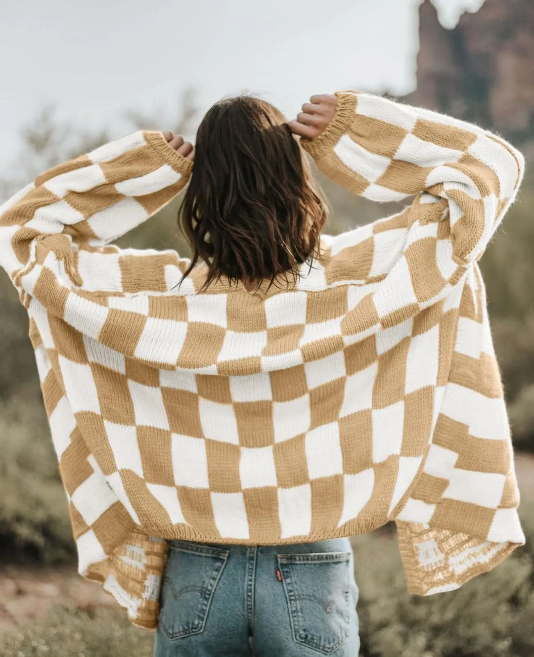 Saodimallsu Womens Checkered Oversized Cardigan Sweaters Color Block Chunky Open Front Lantern Sleeve Plaid Knit Coats