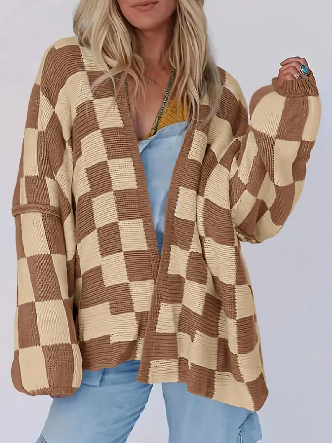 Saodimallsu Womens Checkered Oversized Cardigan Sweaters Color Block Chunky Open Front Lantern Sleeve Plaid Knit Coats