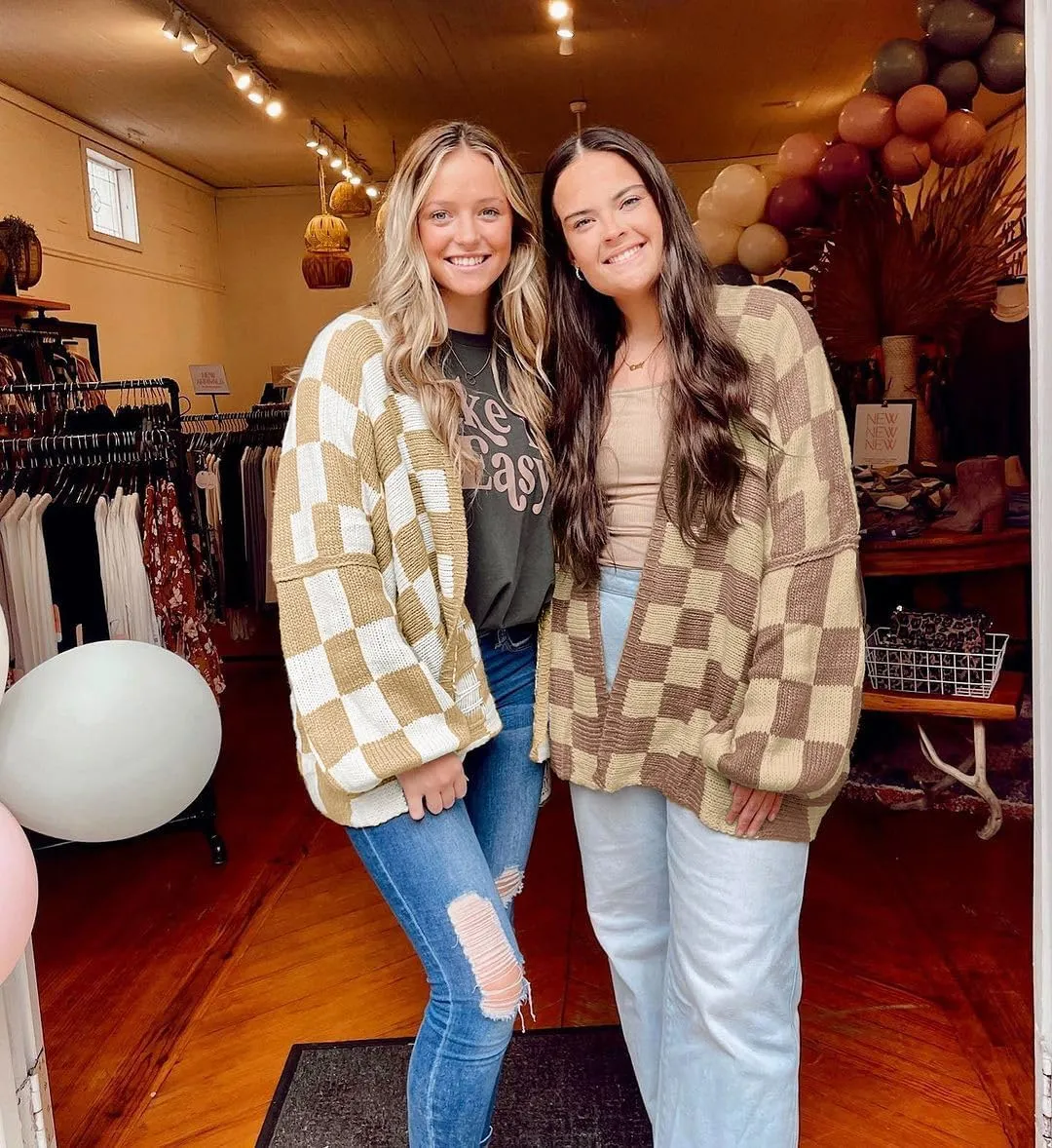 Saodimallsu Womens Checkered Oversized Cardigan Sweaters Color Block Chunky Open Front Lantern Sleeve Plaid Knit Coats