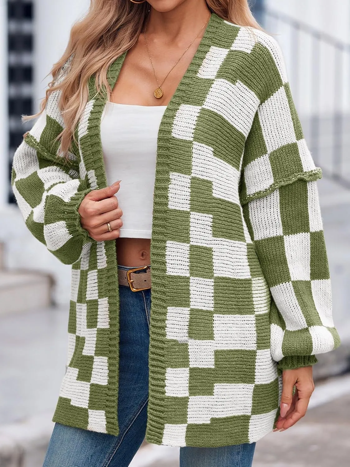 Saodimallsu Womens Checkered Oversized Cardigan Sweaters Color Block Chunky Open Front Lantern Sleeve Plaid Knit Coats