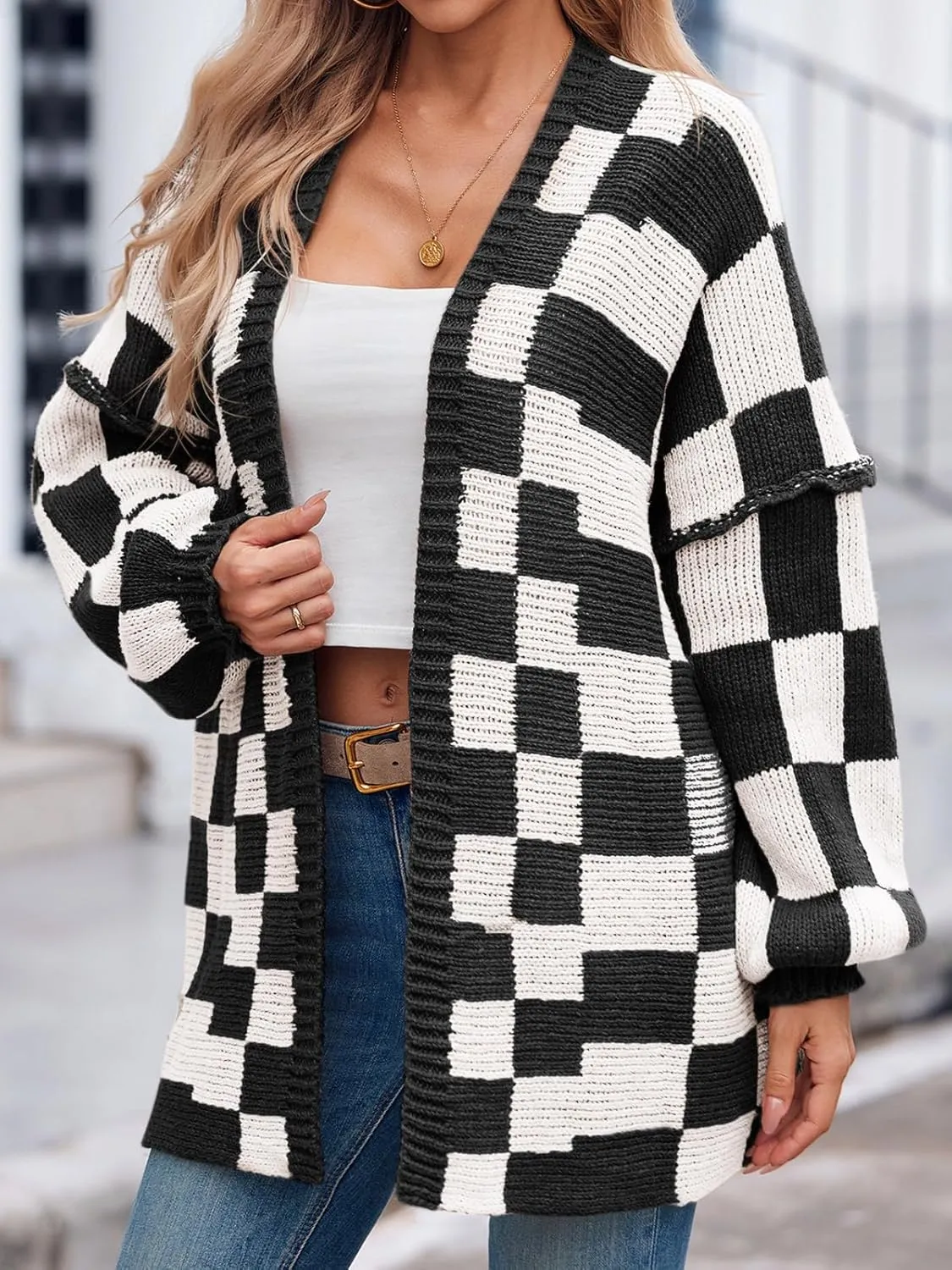 Saodimallsu Womens Checkered Oversized Cardigan Sweaters Color Block Chunky Open Front Lantern Sleeve Plaid Knit Coats
