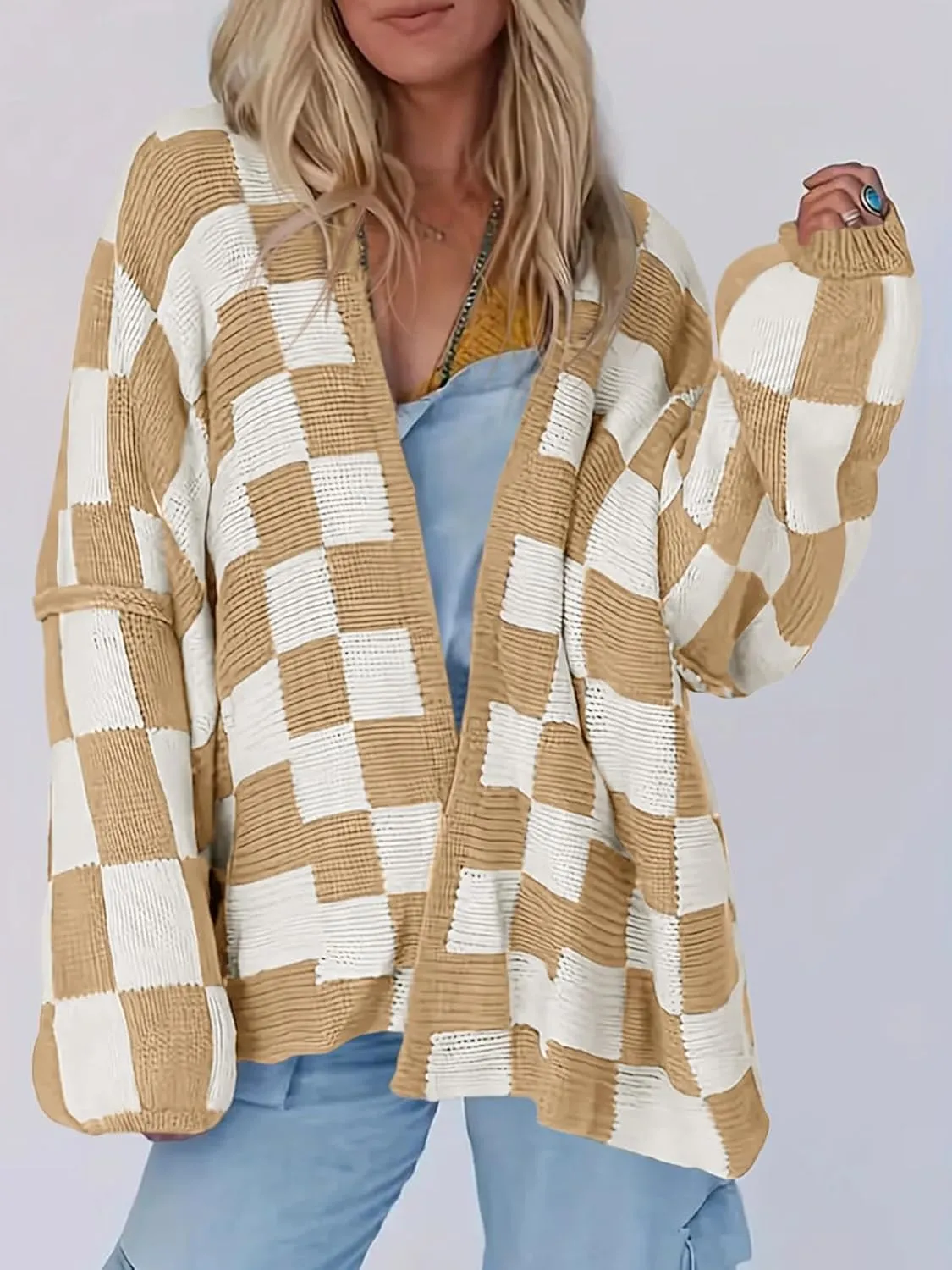 Saodimallsu Womens Checkered Oversized Cardigan Sweaters Color Block Chunky Open Front Lantern Sleeve Plaid Knit Coats
