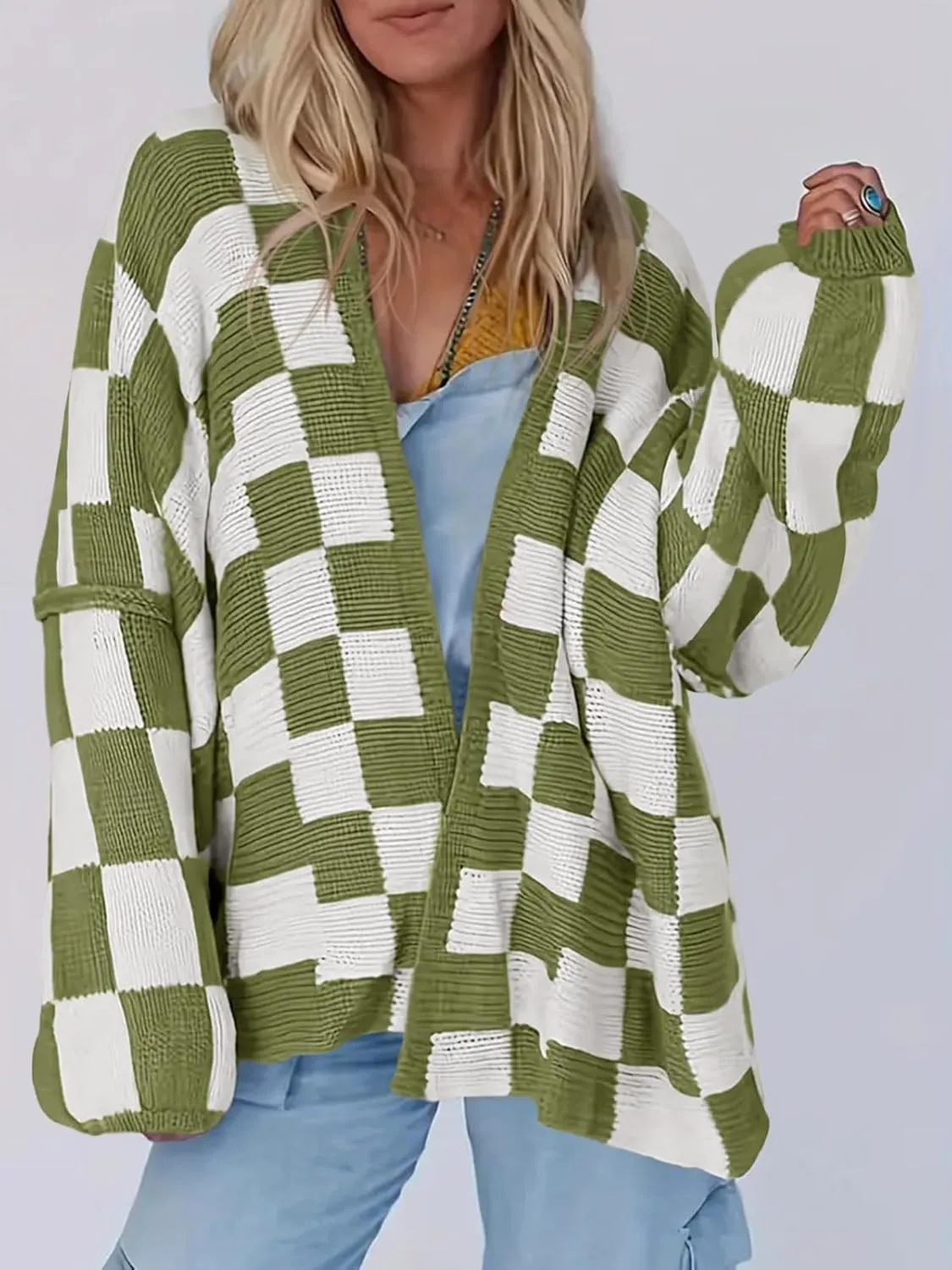 Saodimallsu Womens Checkered Oversized Cardigan Sweaters Color Block Chunky Open Front Lantern Sleeve Plaid Knit Coats