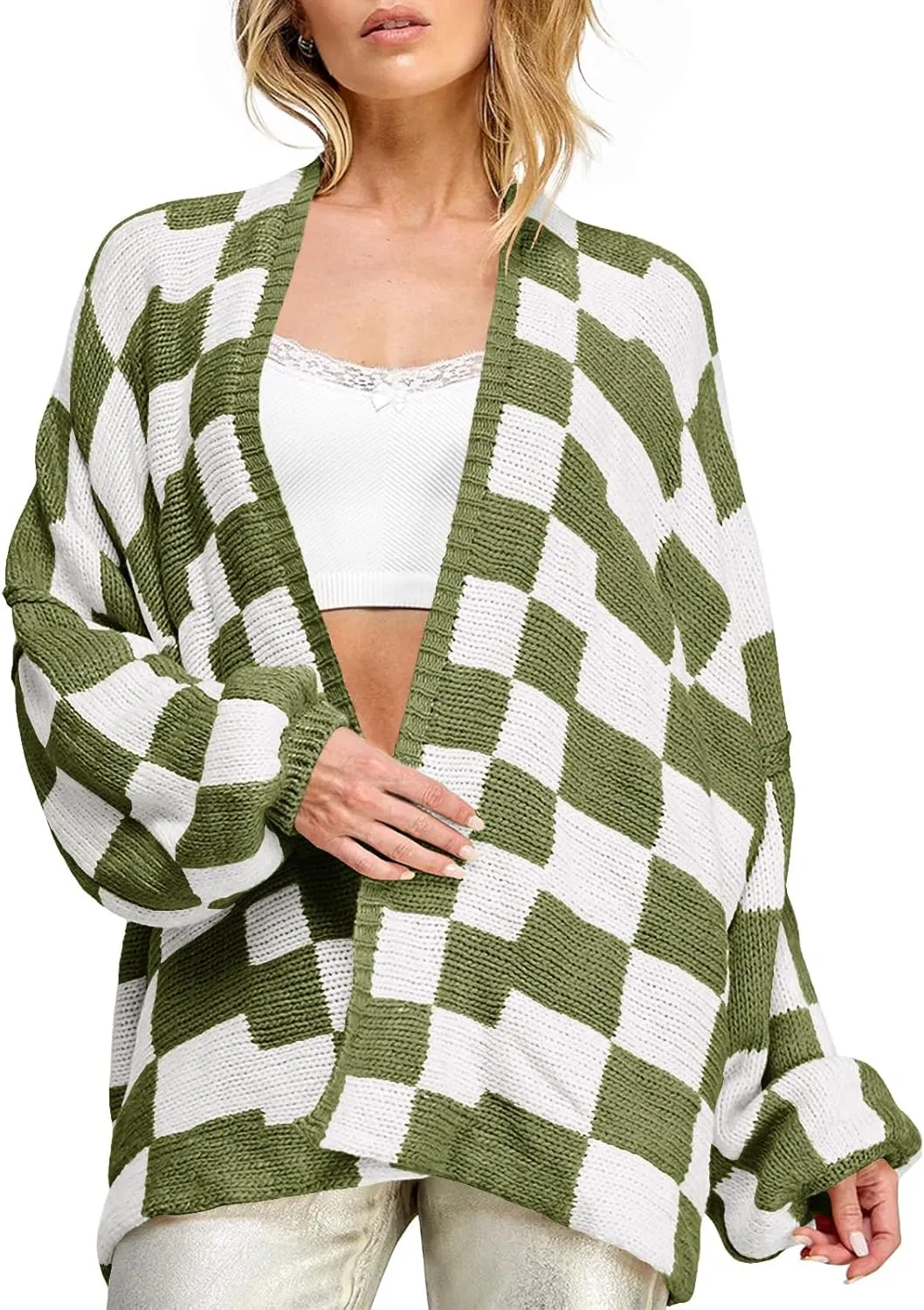 Saodimallsu Womens Checkered Oversized Cardigan Sweaters Color Block Chunky Open Front Lantern Sleeve Plaid Knit Coats