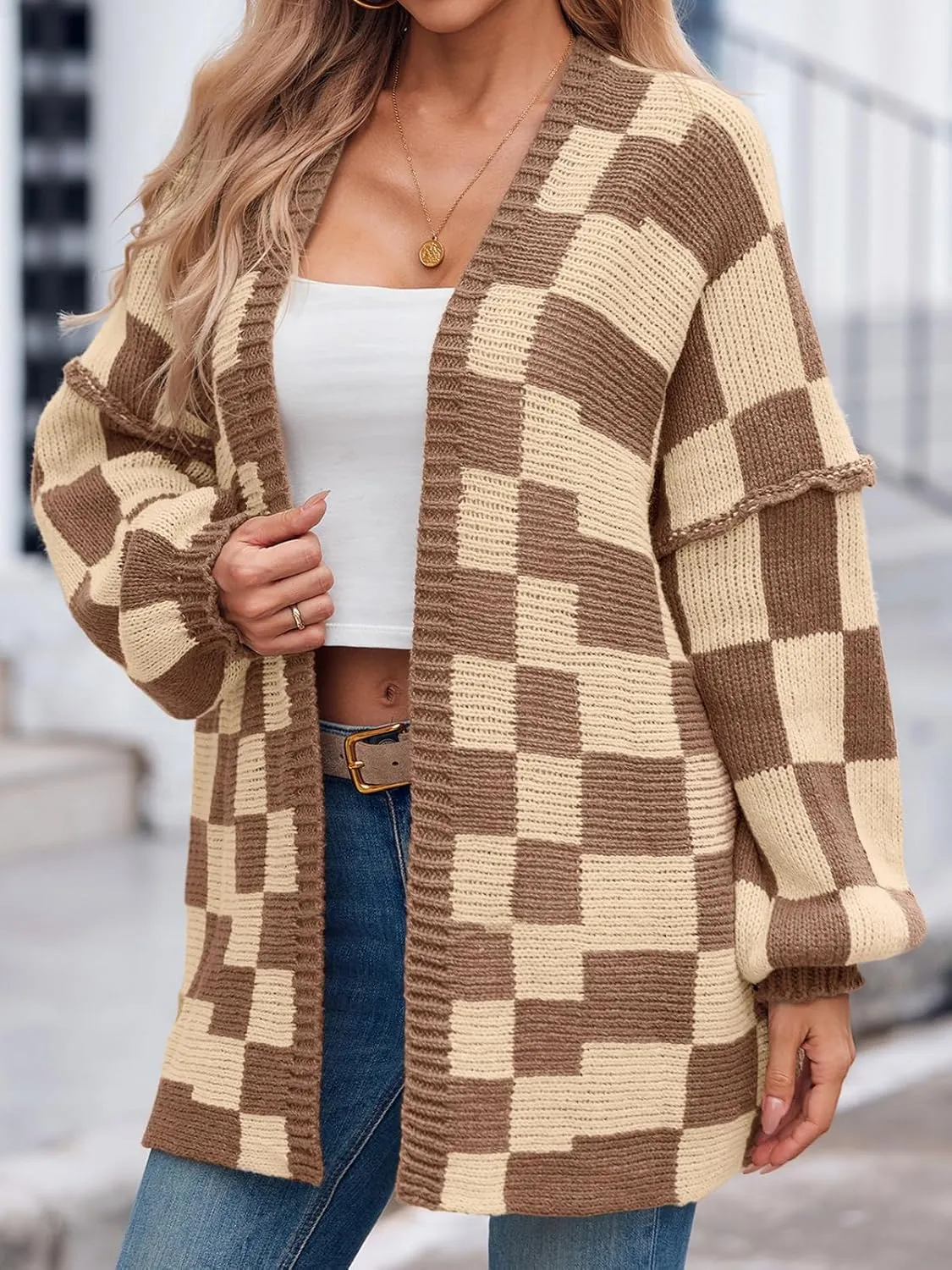 Saodimallsu Womens Checkered Oversized Cardigan Sweaters Color Block Chunky Open Front Lantern Sleeve Plaid Knit Coats
