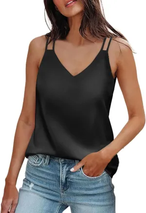 Satin Tank Tops for Women Loose Fit Sleeveless V Neck Summer Cami Camisole Blouses Shirt