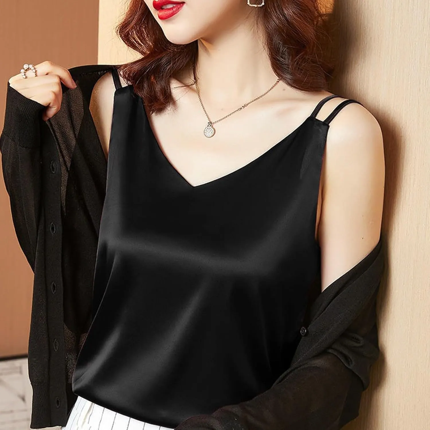 Satin Tank Tops for Women Loose Fit Sleeveless V Neck Summer Cami Camisole Blouses Shirt