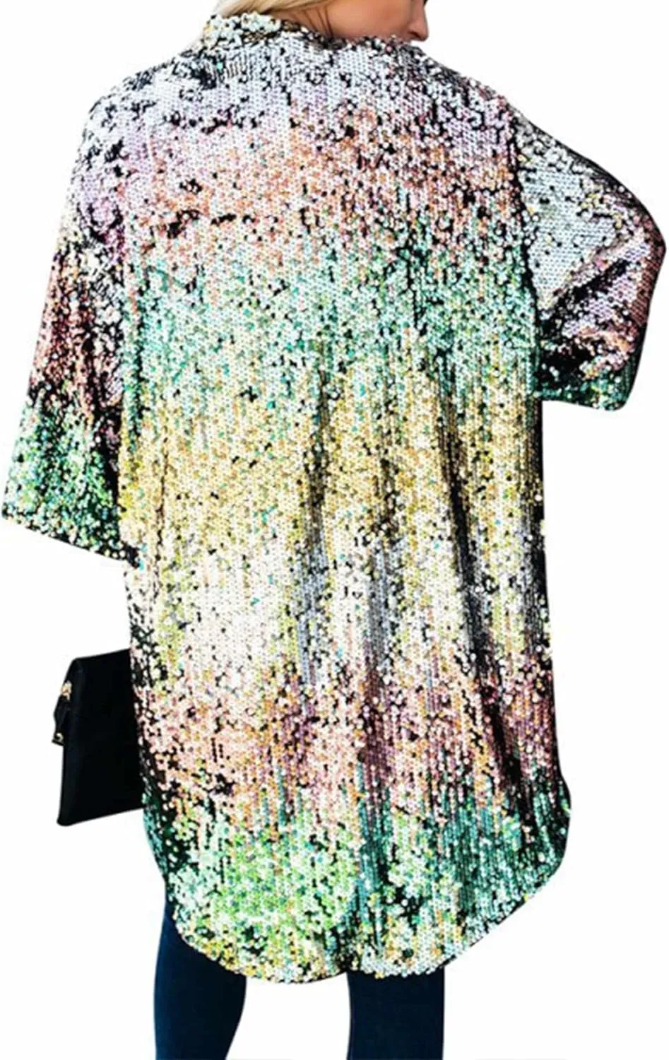 SEMATOMALA Women's Sequin Open Front Long Blazer 3/4 Sleeve Sparkly Duster Cardigans Glitter Shiny Party Festival Outfits