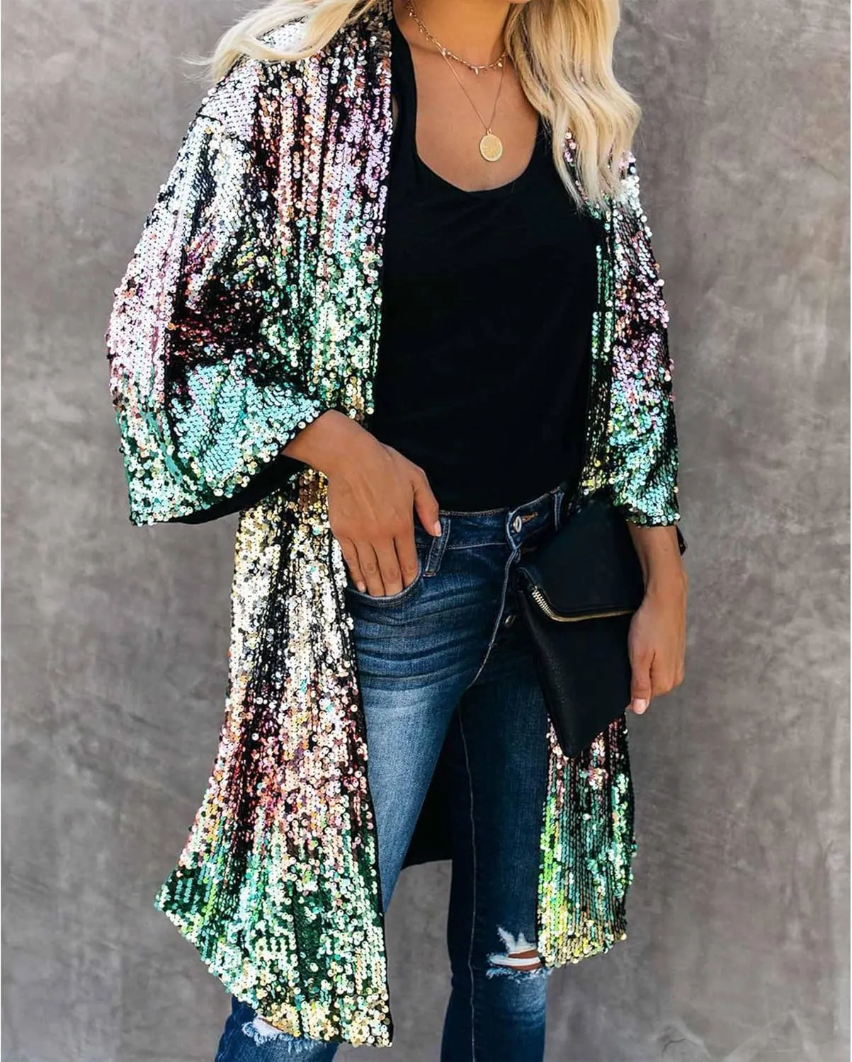 SEMATOMALA Women's Sequin Open Front Long Blazer 3/4 Sleeve Sparkly Duster Cardigans Glitter Shiny Party Festival Outfits