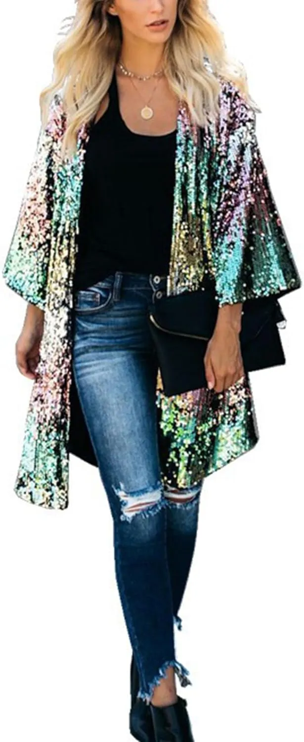 SEMATOMALA Women's Sequin Open Front Long Blazer 3/4 Sleeve Sparkly Duster Cardigans Glitter Shiny Party Festival Outfits