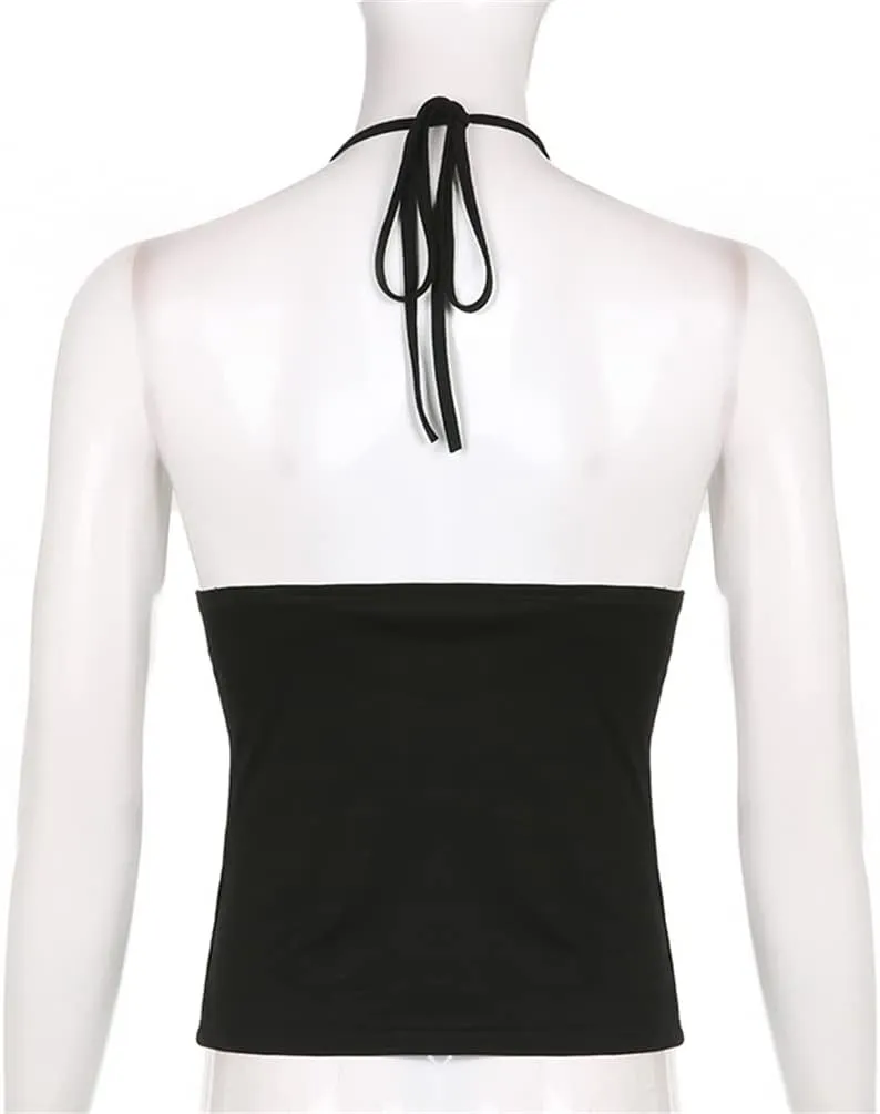 Sexy Punk Rock Halter Tank Tops for Women V Neck Goth Backless Tie Back Summer Y2k Gothic Buckle 70s Disco Tops
