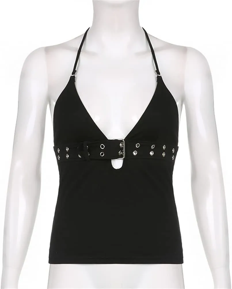 Sexy Punk Rock Halter Tank Tops for Women V Neck Goth Backless Tie Back Summer Y2k Gothic Buckle 70s Disco Tops