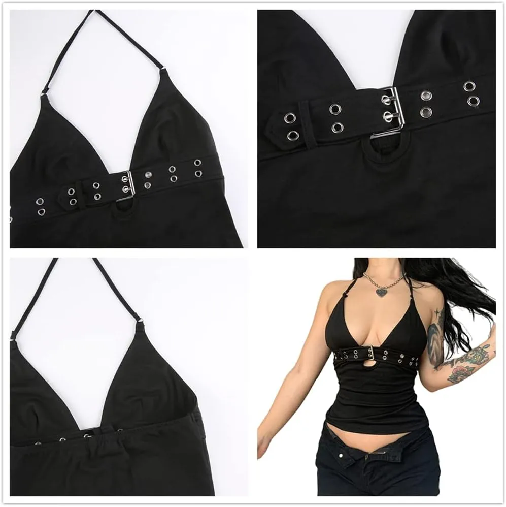 Sexy Punk Rock Halter Tank Tops for Women V Neck Goth Backless Tie Back Summer Y2k Gothic Buckle 70s Disco Tops