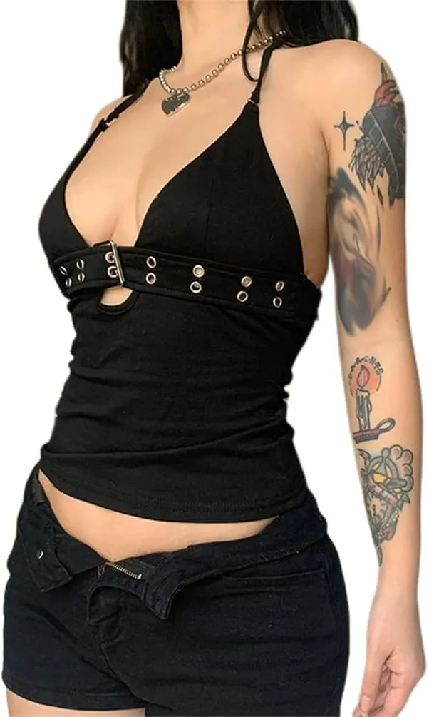 Sexy Punk Rock Halter Tank Tops for Women V Neck Goth Backless Tie Back Summer Y2k Gothic Buckle 70s Disco Tops