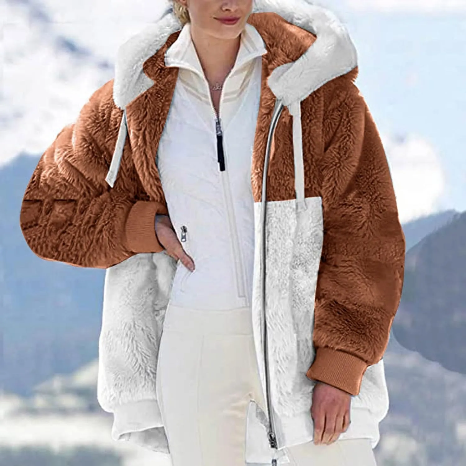 SHAOBGE Jacket Cotton Women's Fashion Casual Patchwork Hooded Zipper Pocket Plush Sweater Jacket Women's Casual Jackets