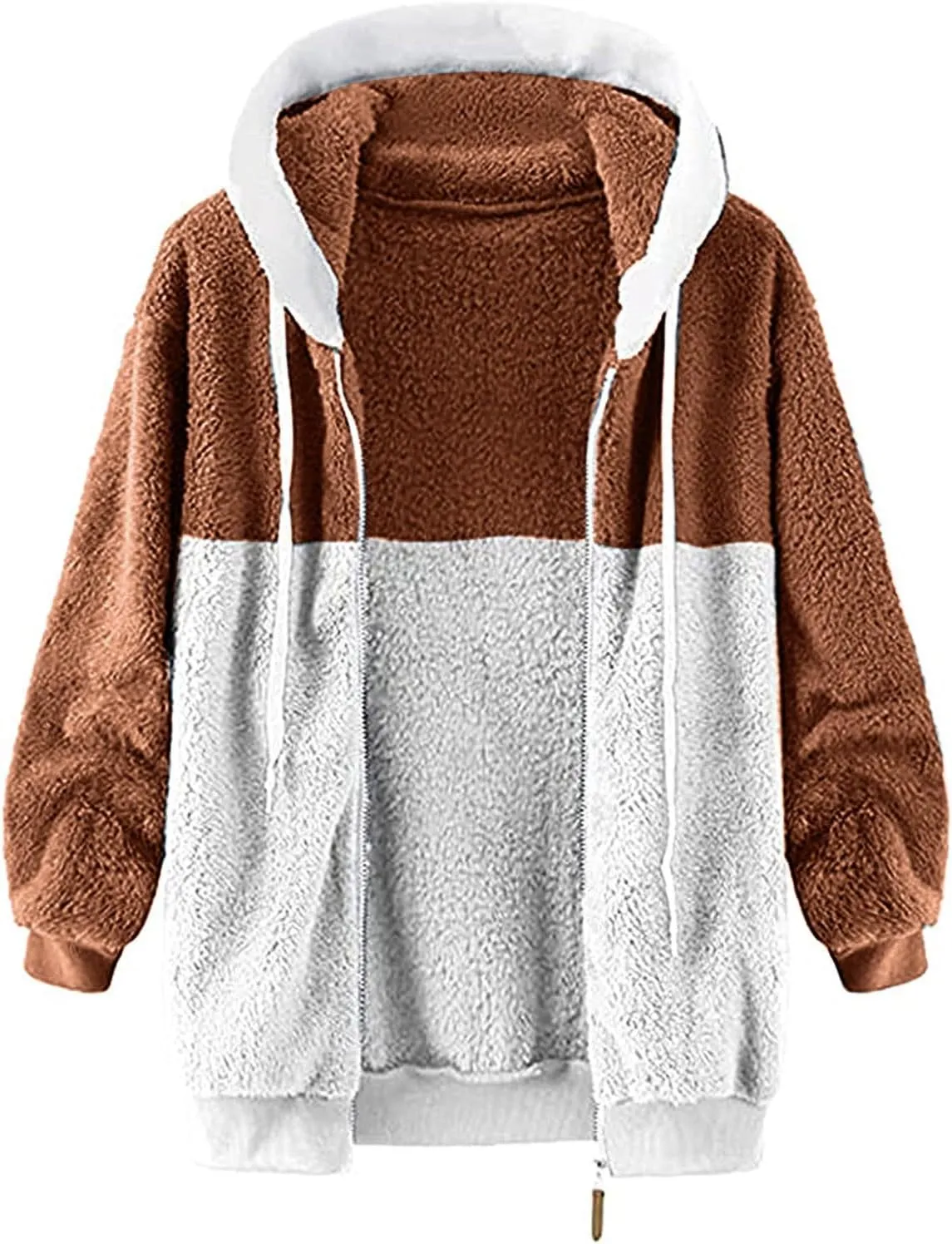SHAOBGE Jacket Cotton Women's Fashion Casual Patchwork Hooded Zipper Pocket Plush Sweater Jacket Women's Casual Jackets