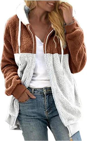 SHAOBGE Jacket Cotton Women's Fashion Casual Patchwork Hooded Zipper Pocket Plush Sweater Jacket Women's Casual Jackets