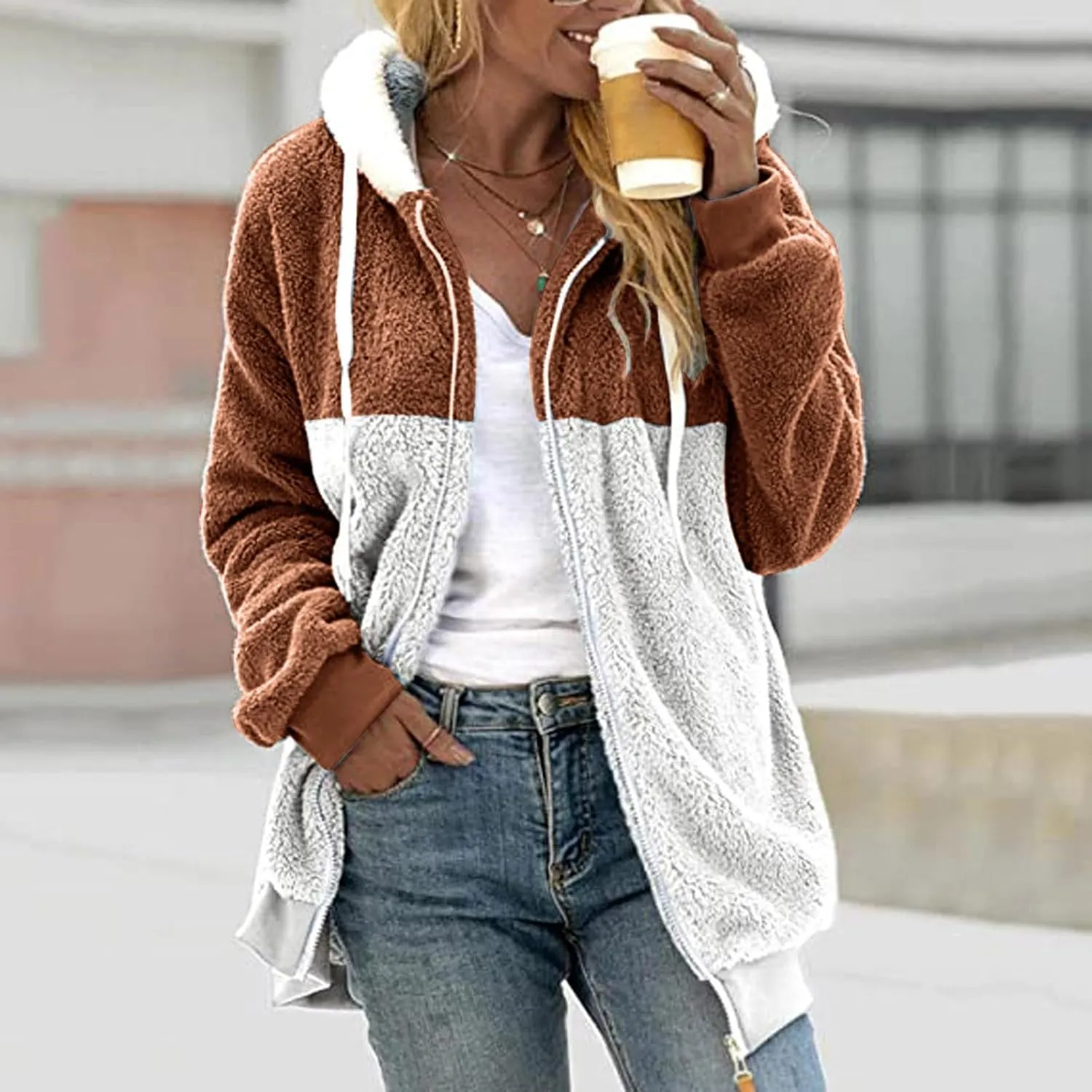 SHAOBGE Jacket Cotton Women's Fashion Casual Patchwork Hooded Zipper Pocket Plush Sweater Jacket Women's Casual Jackets