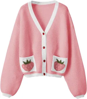 SHENHE Women's Strawberry Pattern Open Front Bishop Sleeve Casual Cardigan