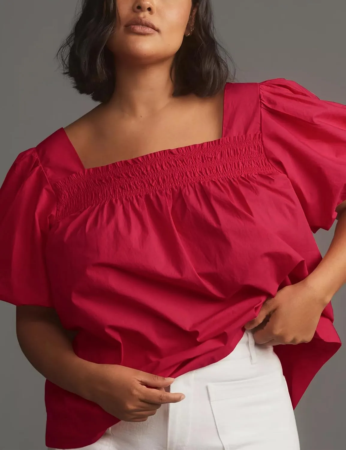 Short Puff-Sleeve Dressy Blouses Smocked Square Ruffle Neck Loose Shirts Casual Womens Tops