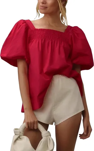 Short Puff-Sleeve Dressy Blouses Smocked Square Ruffle Neck Loose Shirts Casual Womens Tops