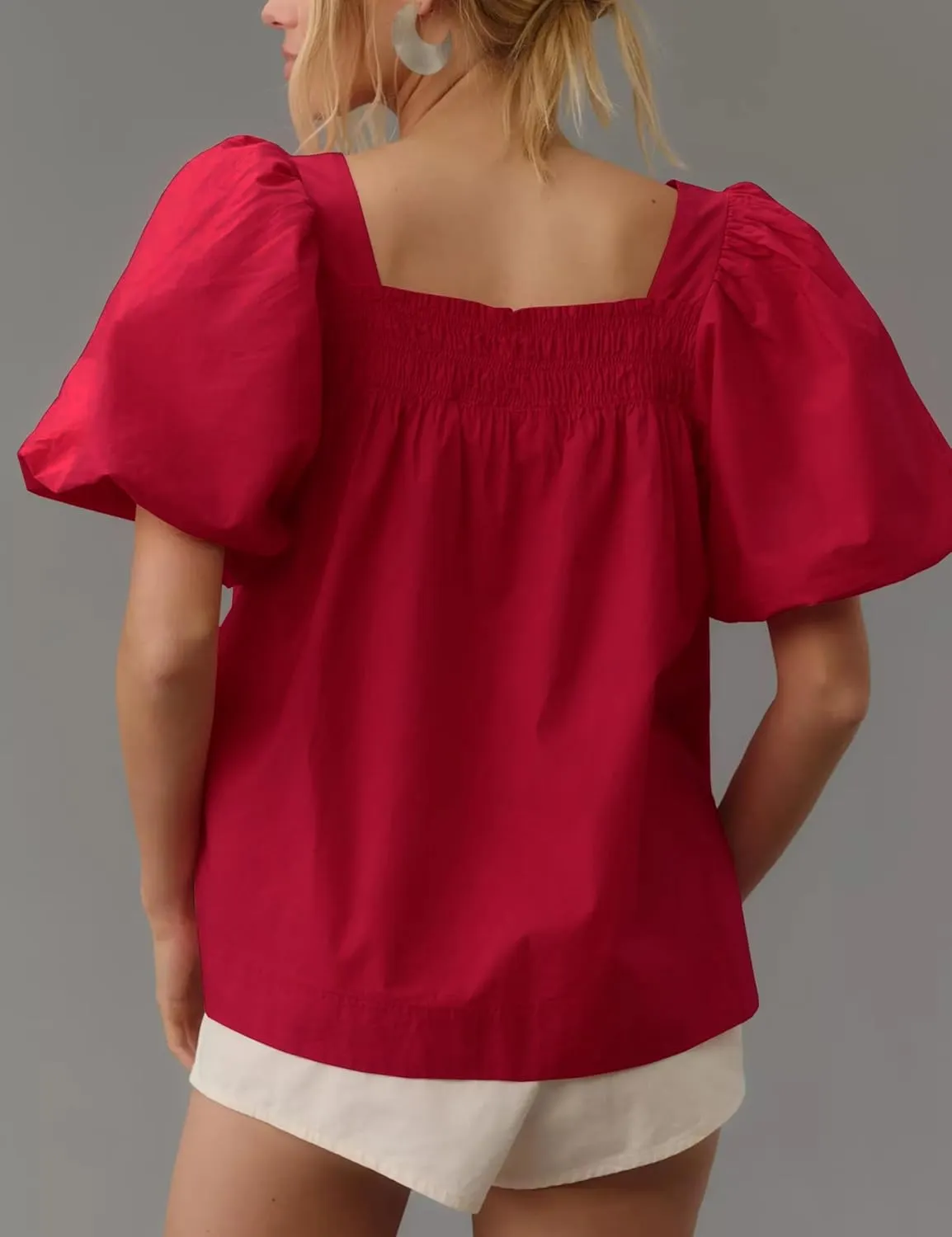 Short Puff-Sleeve Dressy Blouses Smocked Square Ruffle Neck Loose Shirts Casual Womens Tops