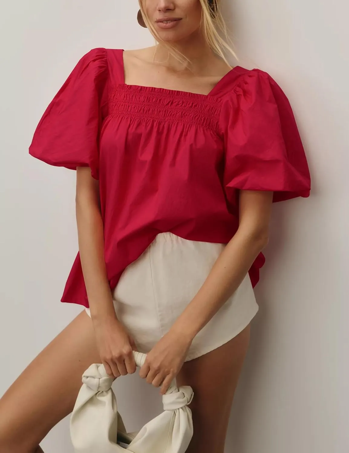 Short Puff-Sleeve Dressy Blouses Smocked Square Ruffle Neck Loose Shirts Casual Womens Tops
