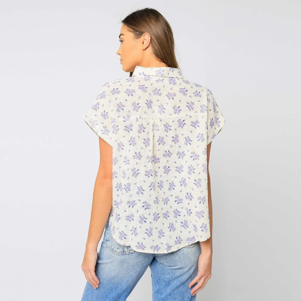 Short Sleeve Button Up Linen Top (Lilac)