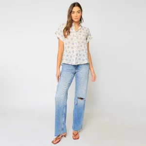 Short Sleeve Button Up Linen Top (Lilac)