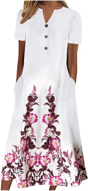 Short Sleeve Dress, Women's Summer Casual Fashion Printed Short Sleeve 2022 O-Neck Pocket Dress