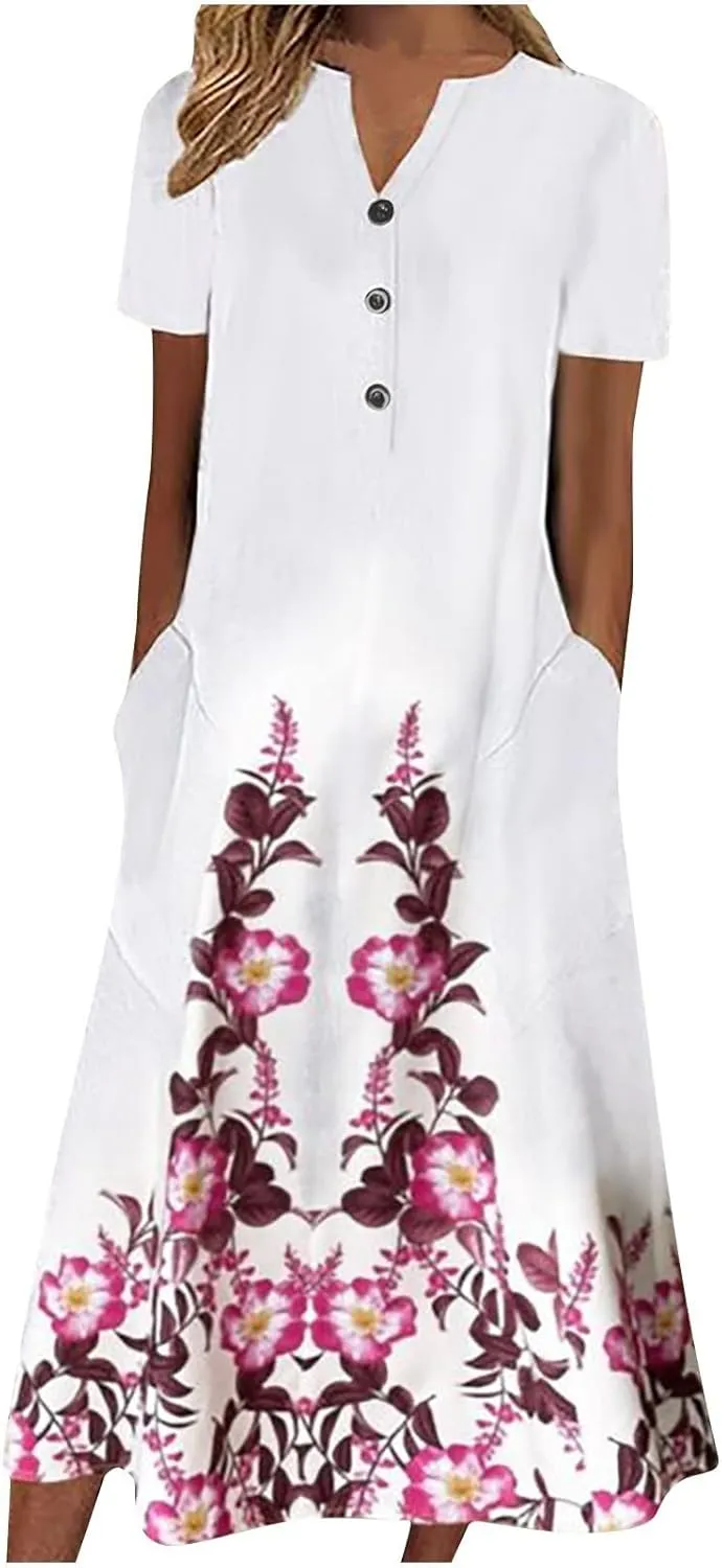 Short Sleeve Dress, Women's Summer Casual Fashion Printed Short Sleeve 2022 O-Neck Pocket Dress