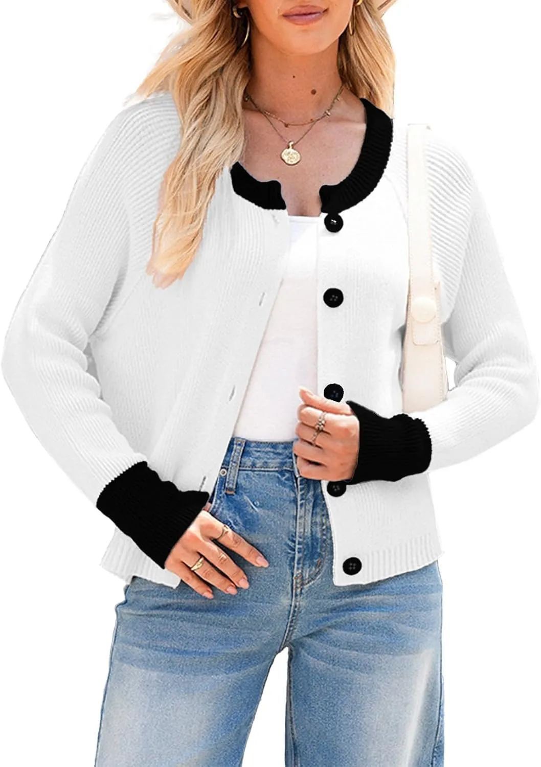 Sidefeel Women's 2024 Fall Long Sleeve Crewneck Cropped Cardigan Sweaters Contrast Button Down Knit Sweaters Coat