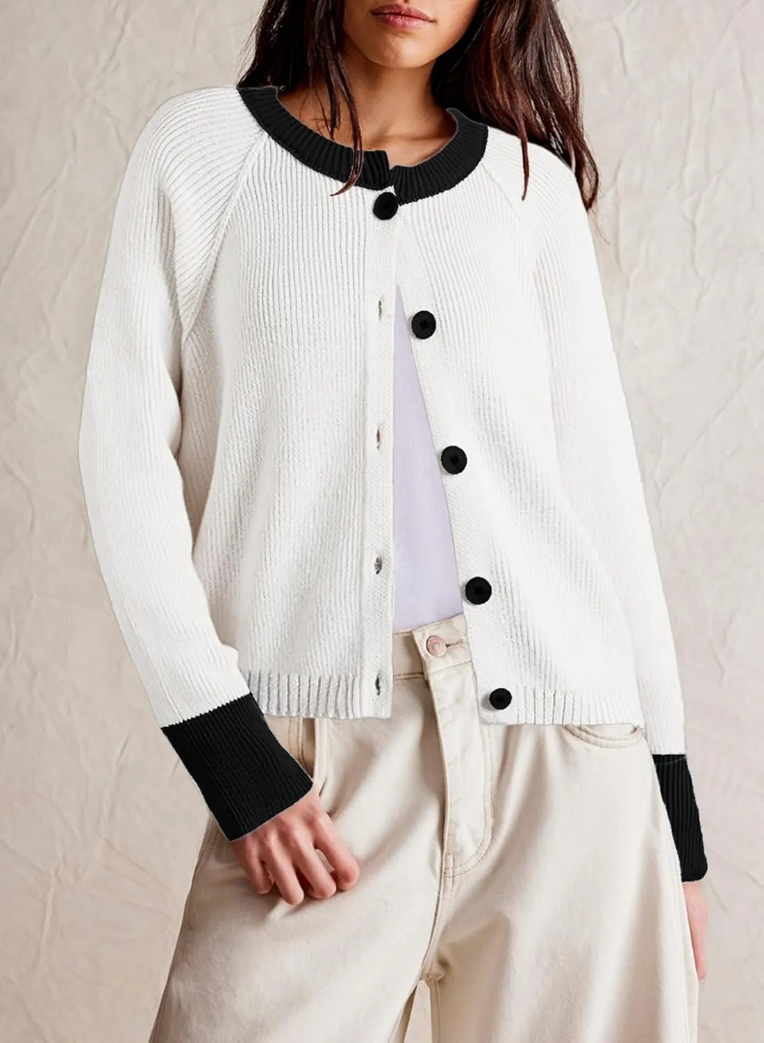 Sidefeel Women's 2024 Fall Long Sleeve Crewneck Cropped Cardigan Sweaters Contrast Button Down Knit Sweaters Coat