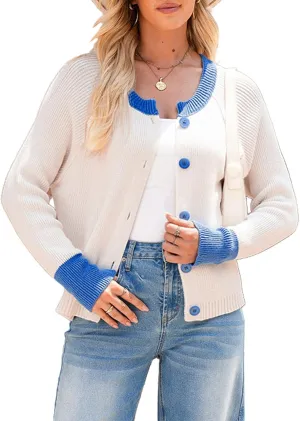 Sidefeel Women's 2024 Fall Long Sleeve Crewneck Cropped Cardigan Sweaters Contrast Button Down Knit Sweaters Coat