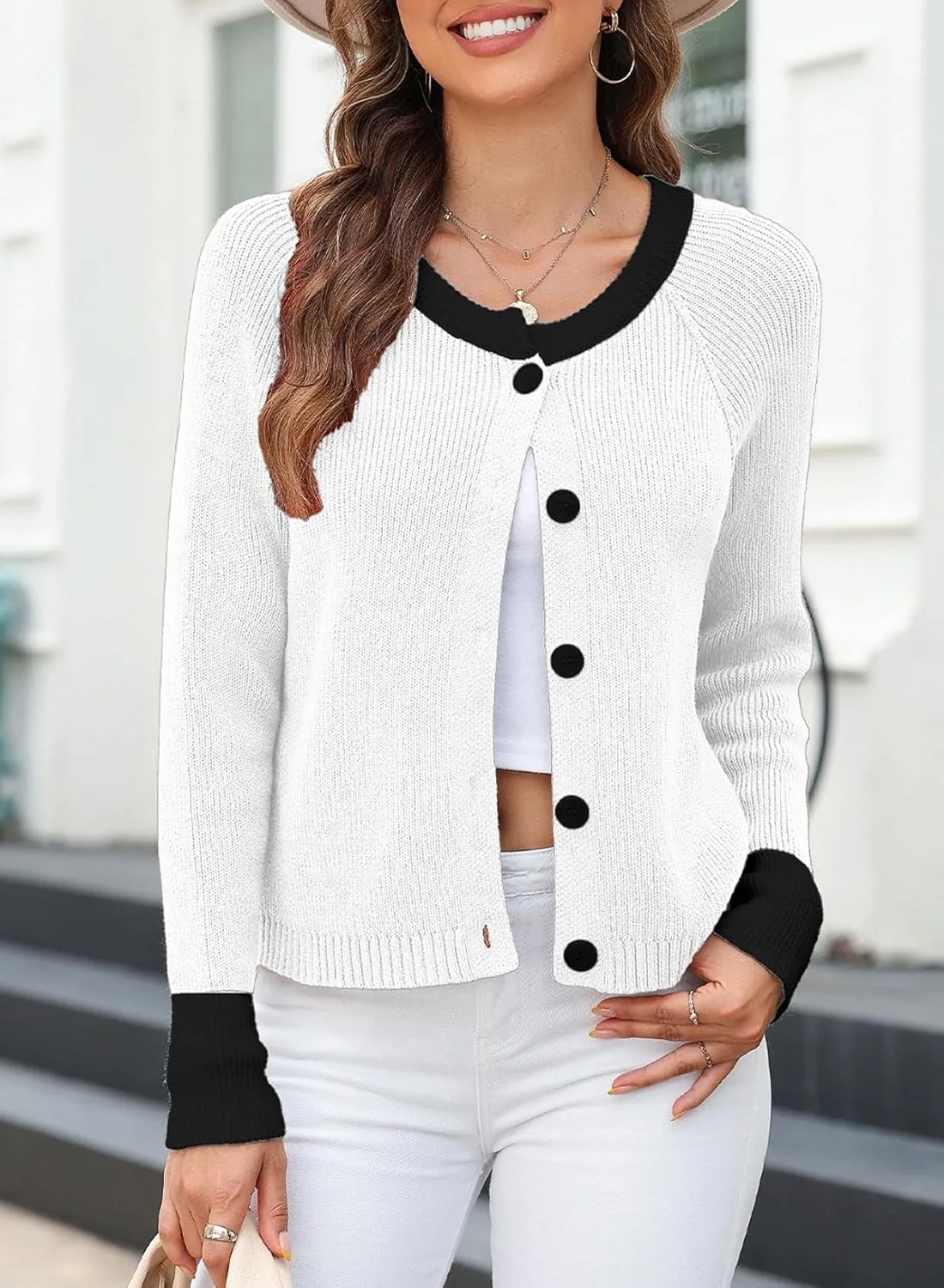 Sidefeel Women's 2024 Fall Long Sleeve Crewneck Cropped Cardigan Sweaters Contrast Button Down Knit Sweaters Coat