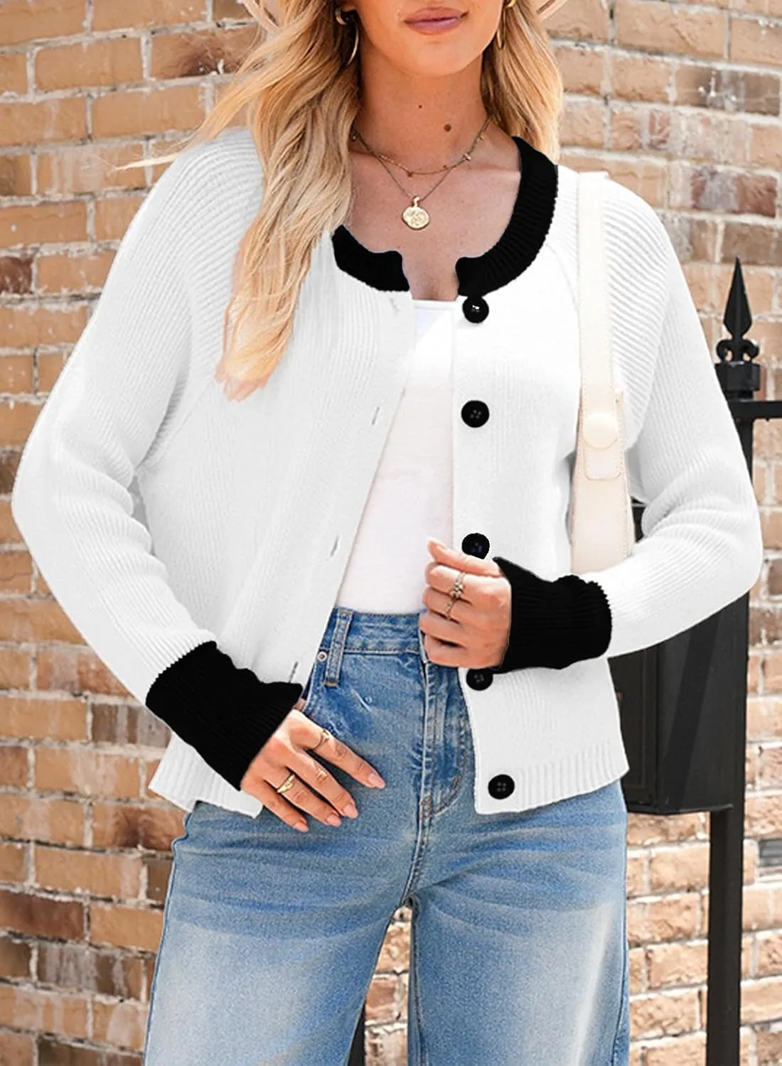 Sidefeel Women's 2024 Fall Long Sleeve Crewneck Cropped Cardigan Sweaters Contrast Button Down Knit Sweaters Coat